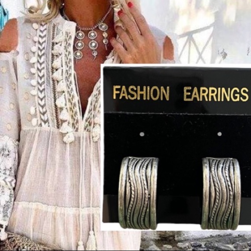 Silver Antique Finish Hoop Earrings Boho Aztec Gypsy Festival Tribal Cottagecore